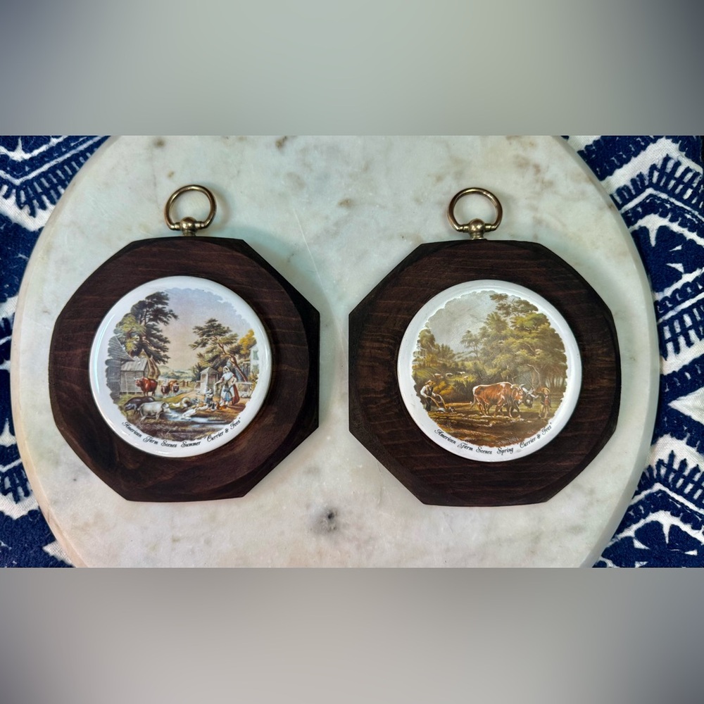 Currier and Ives - 2 Hand Decorated Ceramic print mounted on pine w Brass hang